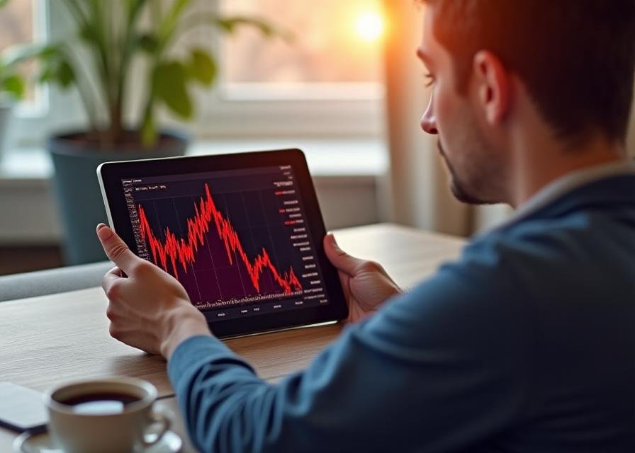 A trader reflecting on a tablet with red candles on a chart representing loss prevention and risk management