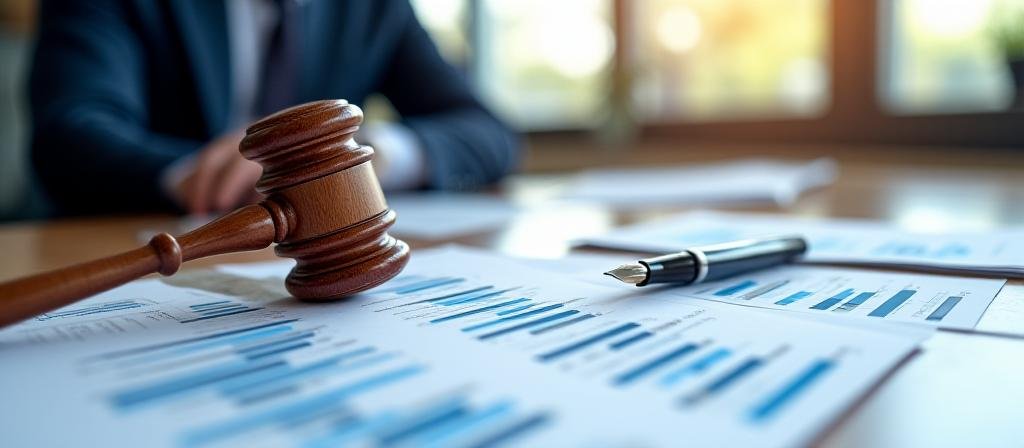 Legal gavel and financial documents on a modern desk