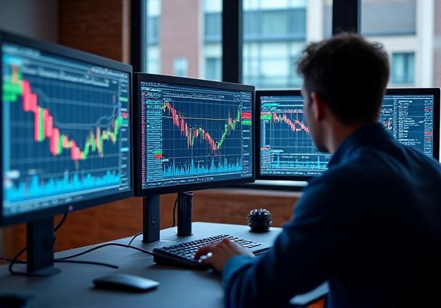 Professional trading workstation with multiple monitors showing data analytics